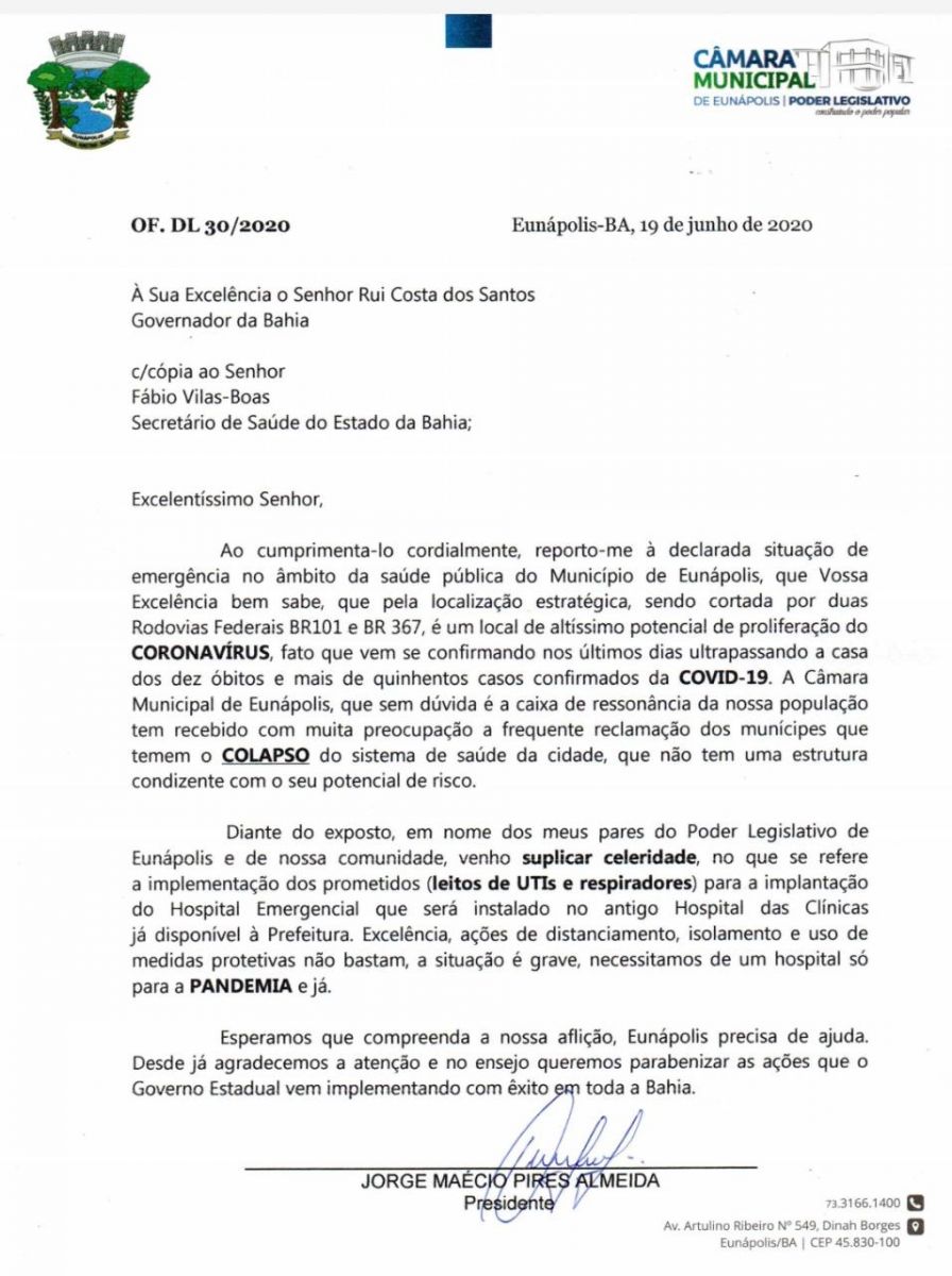 CORONAVÍRUS: Jorge Maécio pede urgência para implantação dos leitos de UTI em Eunápolis 8